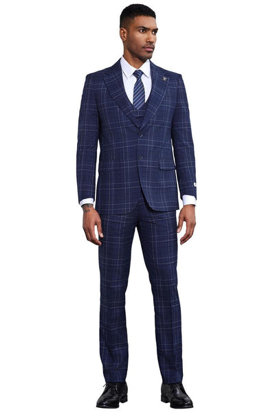 Men's Stacy Adams Vested Two Button Double Windowpane Plaid Suit in Navy 2 SM175H1-01-38R  - from alligatorwarehouse.com