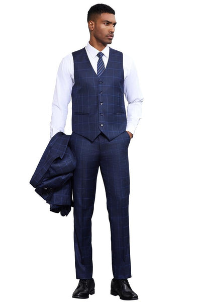 Men's Stacy Adams Classic One Button Vested Windowpane Suit in Navy Blue 4 SM178H1-50-38R  - from alligatorwarehouse.com
