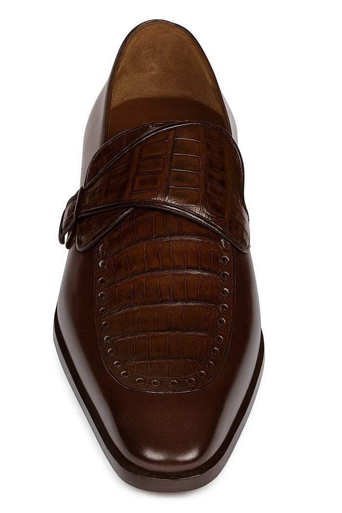 Lombardy Men’s Caiman Belly and Calfskin Monkstrap Dress Shoes, Black and Brown Exotic Formal Shoes