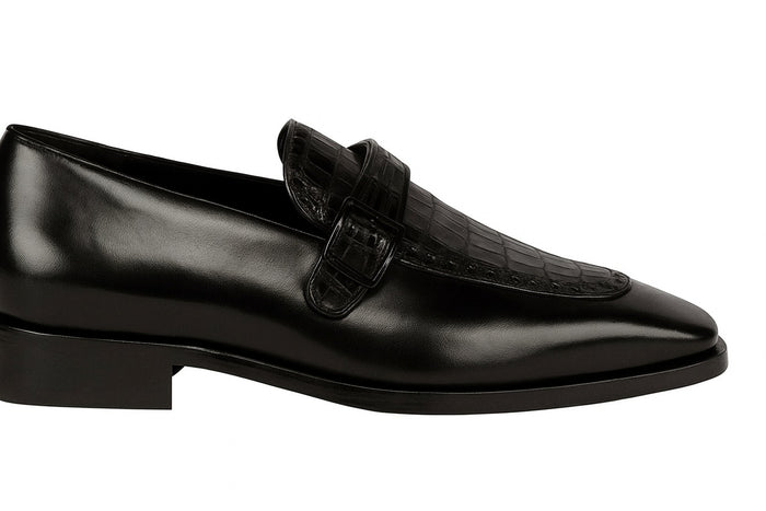 Lombardy Men’s Caiman Belly and Calfskin Monkstrap Dress Shoes, Black and Brown Exotic Formal Shoes