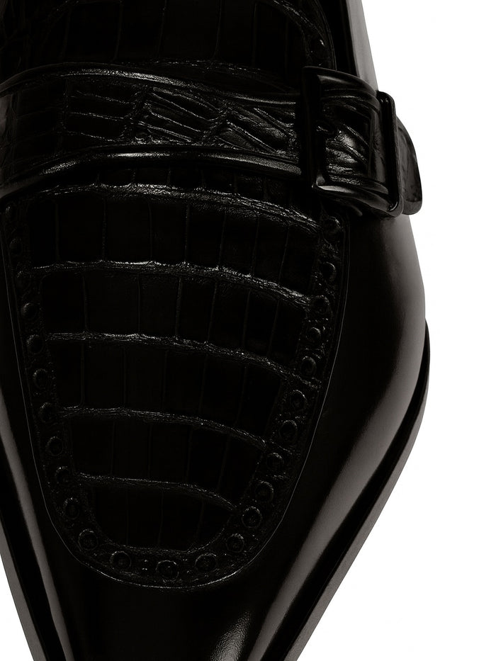 Lombardy Men’s Caiman Belly and Calfskin Monkstrap Dress Shoes, Black and Brown Exotic Formal Shoes