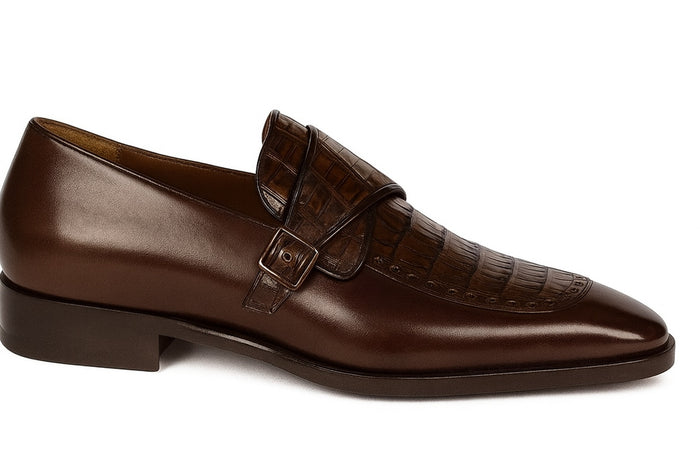 Lombardy Men’s Caiman Belly and Calfskin Monkstrap Dress Shoes, Black and Brown Exotic Formal Shoes