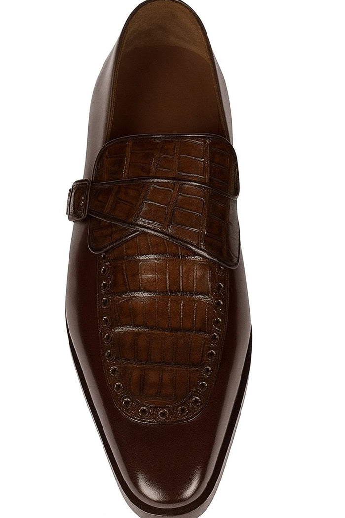 Lombardy Men’s Caiman Belly and Calfskin Monkstrap Dress Shoes, Black and Brown Exotic Formal Shoes