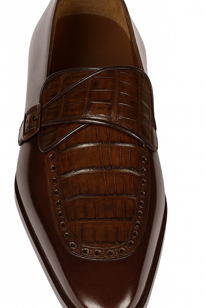 Lombardy Men’s Caiman Belly and Calfskin Monkstrap Dress Shoes, Black and Brown Exotic Formal Shoes
