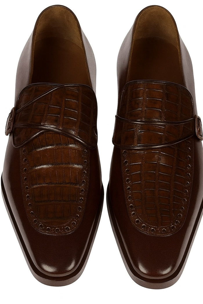 Lombardy Men’s Caiman Belly and Calfskin Monkstrap Dress Shoes, Black and Brown Exotic Formal Shoes