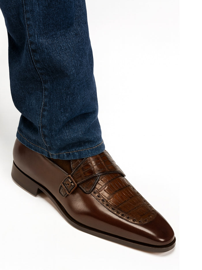 Lombardy Men’s Caiman Belly and Calfskin Monkstrap Dress Shoes, Black and Brown Exotic Formal Shoes