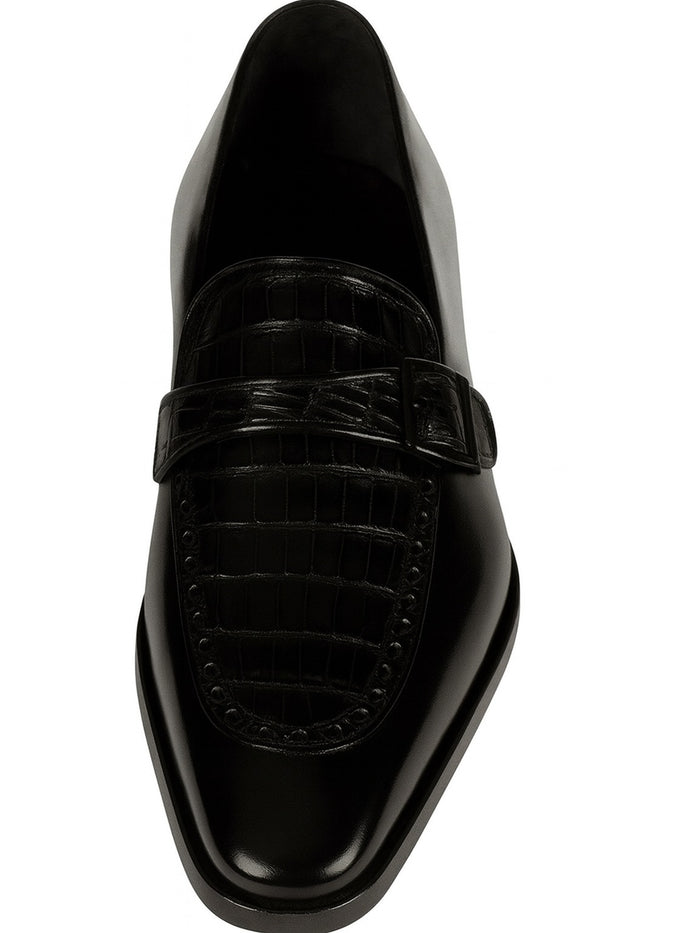 Lombardy Men’s Caiman Belly and Calfskin Monkstrap Dress Shoes, Black and Brown Exotic Formal Shoes