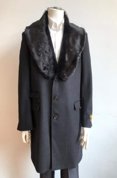 Long Jacket Ticket Pocket Designer Peacoat Sale ~ Wool men's Car Coat Mid Length Three quarter length coat ~ Overcoat With Fur Collar Black 1   - from alligatorwarehouse.com