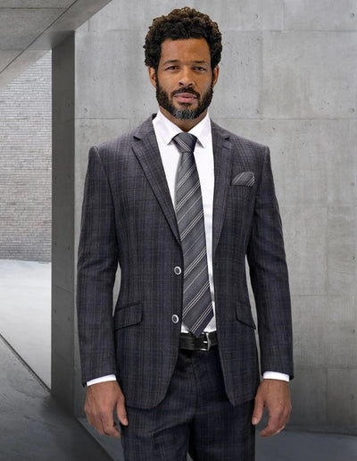 Statement Men's 2-Piece Big & Tall 100% Wool Fashion Suit – Striking Plaid Pattern 1 LORICCI-BG-CHARCOAL-56R  - from alligatorwarehouse.com