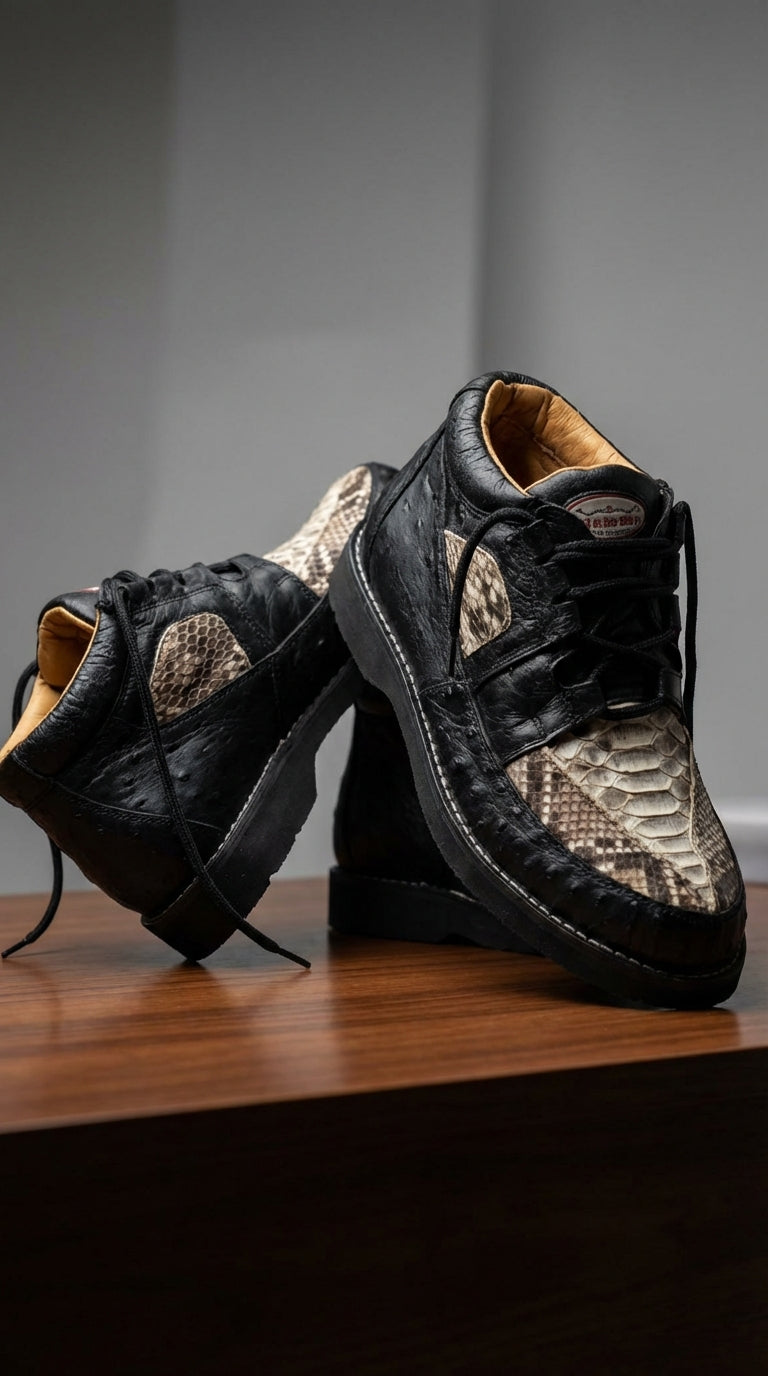 Mens Black and Natural Exotic Alligator Crocodile Casual Shoes – Ostrich and Snakeskin Pattern Lace Up Dress Shoes - Boot By Los Altos
