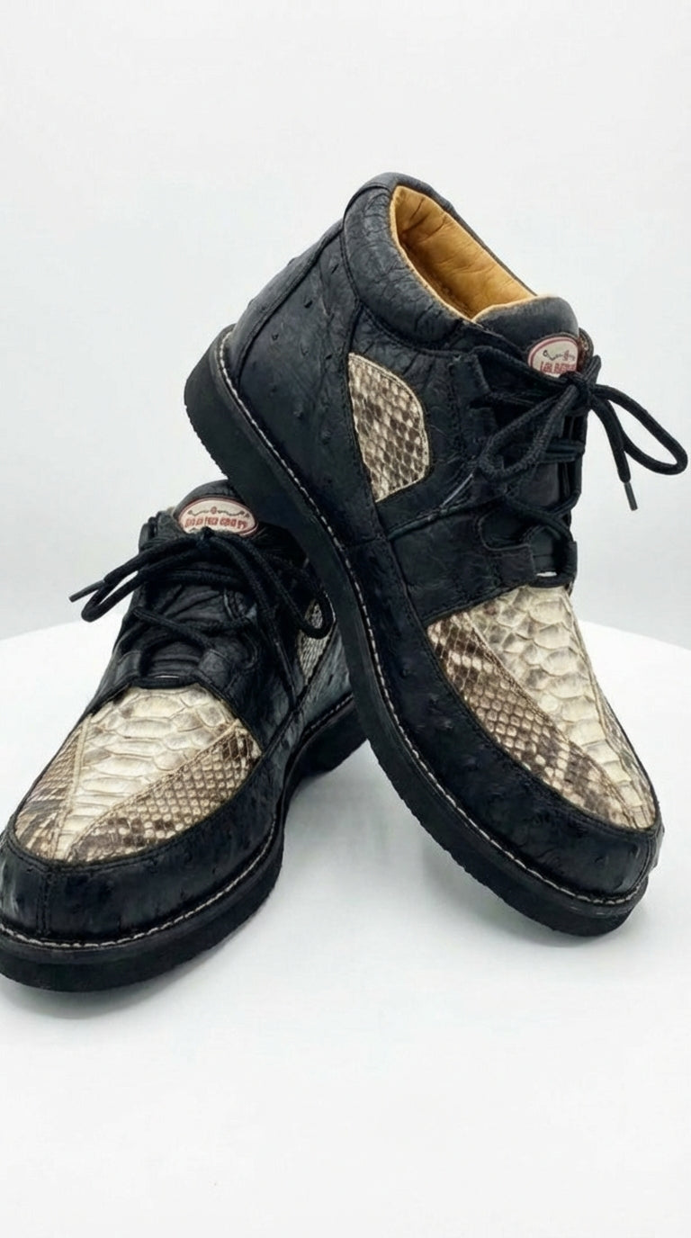 Mens Black and Natural Exotic Alligator Crocodile Casual Shoes – Ostrich and Snakeskin Pattern Lace Up Dress Shoes - Boot By Los Altos