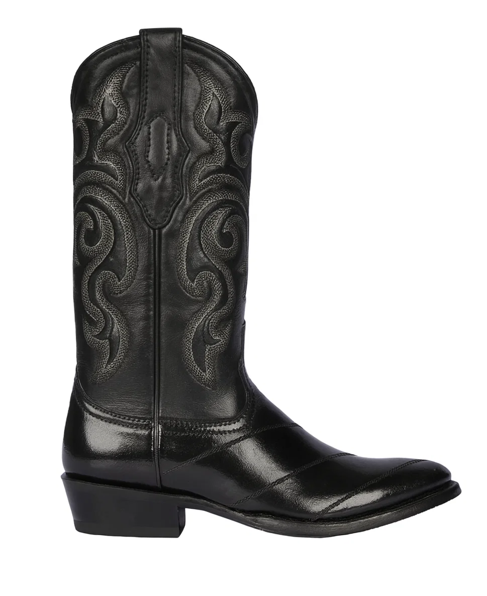 Los Altos Boots - Mens Dress Cowboy Boot - Low Priced Black Eel Skin R-Toe Western Boots- in Black