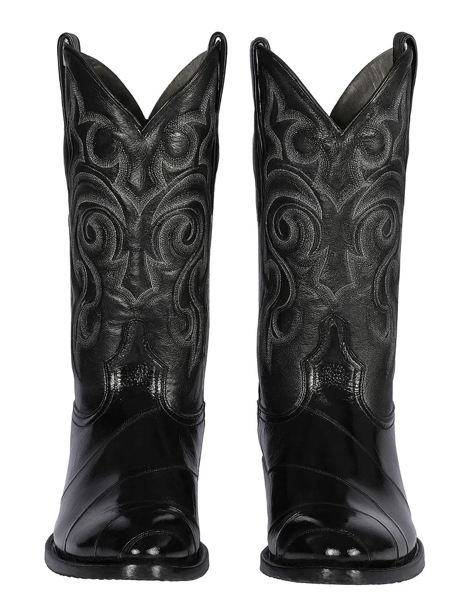 Los Altos Boots - Mens Dress Cowboy Boot - Low Priced Black Eel Skin R-Toe Western Boots- in Black