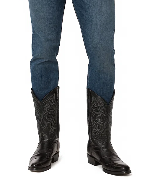Los Altos Boots - Mens Dress Cowboy Boot - Low Priced Black Eel Skin R-Toe Western Boots- in Black