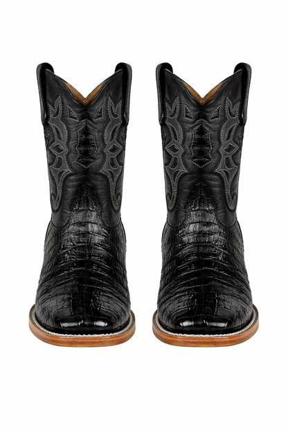Los Altos Boots - Mens Dress Cowboy Boot - Low Priced Black Square Toe Caiman Tail Boots- in Black
