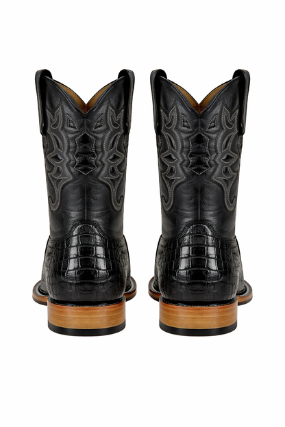 Los Altos Boots - Mens Dress Cowboy Boot - Low Priced Black Square Toe Caiman Tail Boots- in Black