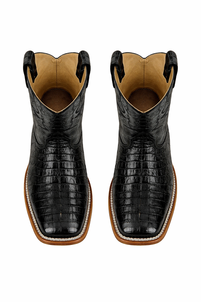 Los Altos Boots - Mens Dress Cowboy Boot - Low Priced Black Square Toe Caiman Tail Boots- in Black