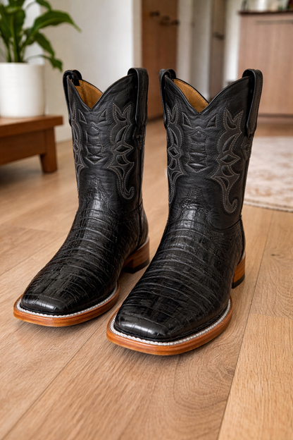 Los Altos Boots - Mens Dress Cowboy Boot - Low Priced Black Square Toe Caiman Tail Boots- in Black