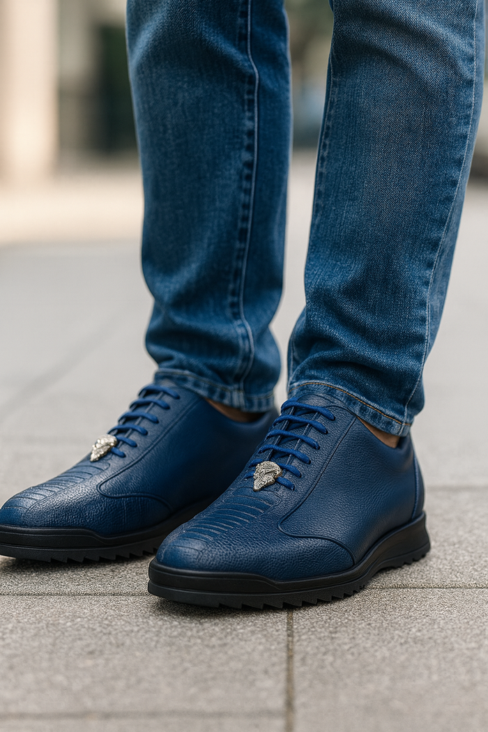 Los Altos Navy Blue Ostrich Leg Lace Up Sneakers