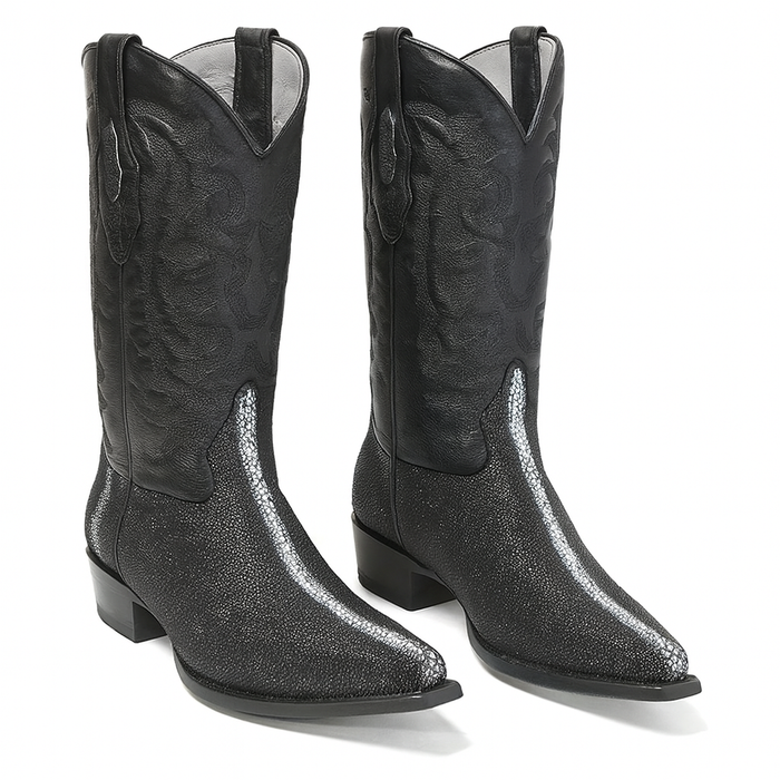 Los Altos Men's Black Stingray with Full Rowstone Finish Snip Toe Boots
