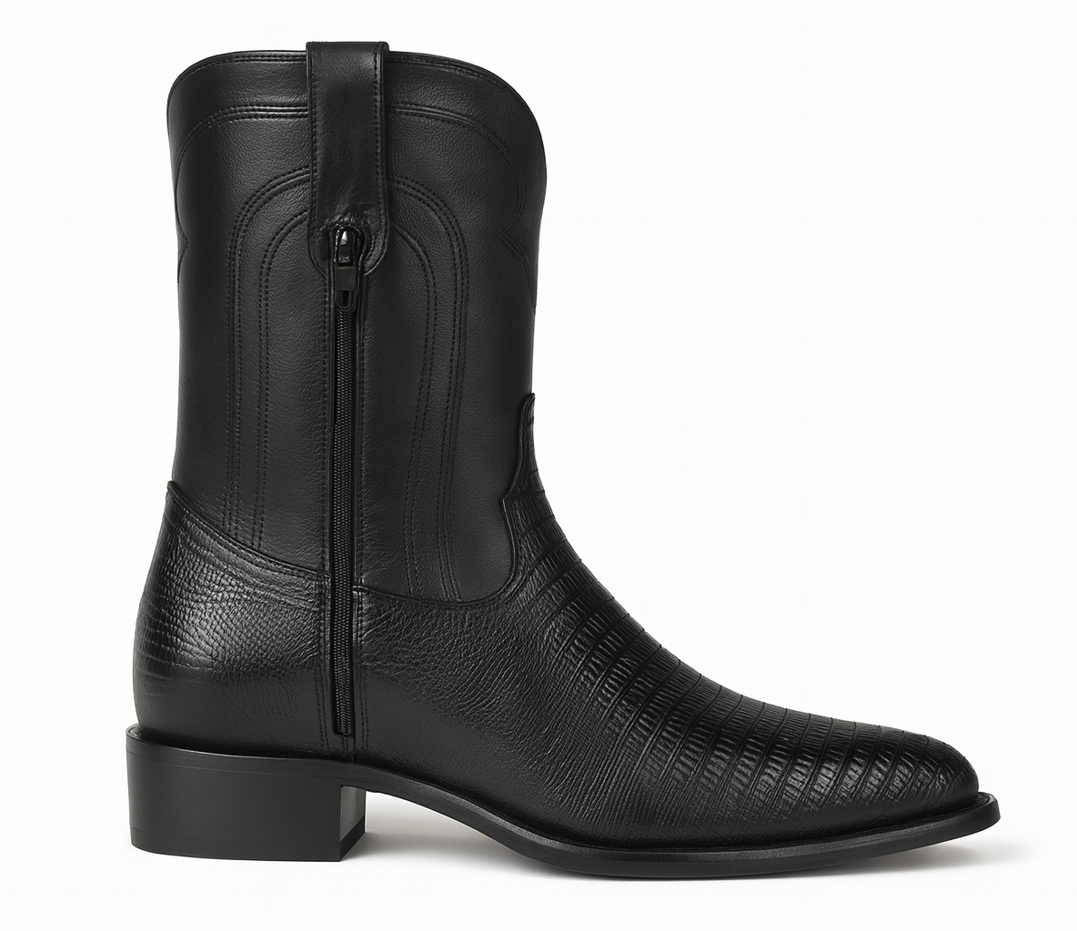 Los Altos Men's Genuine Lizard Teju Skin Leather Insole and Lining Zipper Black Roper Toe Boot