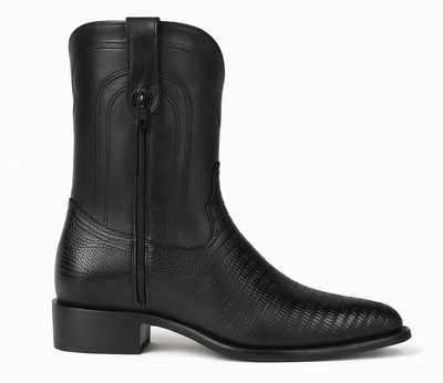 Los Altos Men's Genuine Lizard Teju Skin Leather Insole and Lining Zipper Black Roper Toe Boot