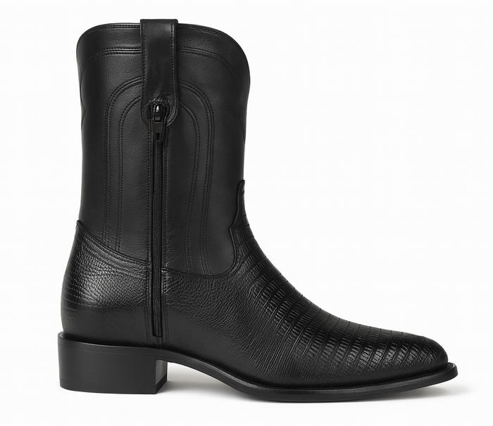 Los Altos Men's Genuine Lizard Teju Skin Leather Insole and Lining Zipper Black Roper Toe Boot