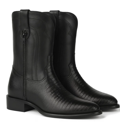 Los Altos Men's Genuine Lizard Teju Skin Leather Insole and Lining Zipper Black Roper Toe Boot