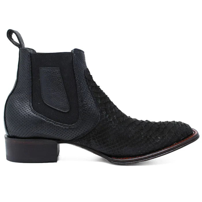 Los Altos Men's Genuine Python Skin Square Toe Ankle Boots - Black 4   - from alligatorwarehouse.com