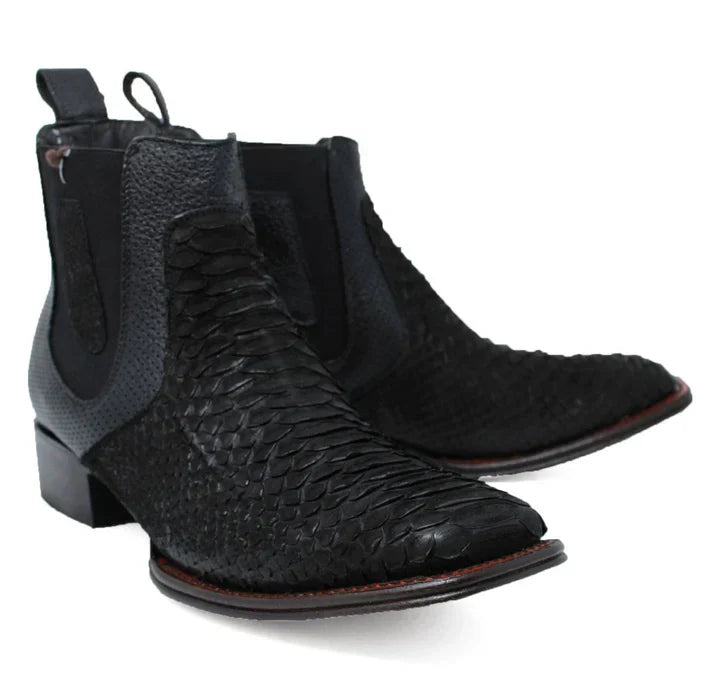 Los Altos Men's Genuine Python Skin Square Toe Ankle Boots - Black 3   - from alligatorwarehouse.com