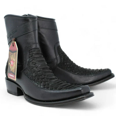 Los Altos Men's Original Python Skin European Toe Short Boots - Black 1   - from alligatorwarehouse.com