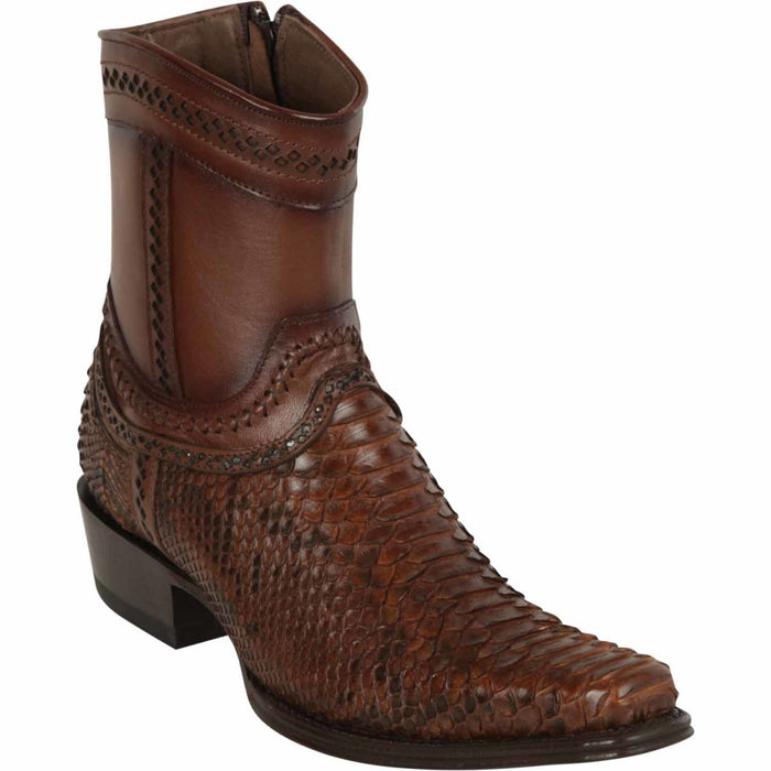 Men’s Los Altos Porto Brown Python Skin Short Boots with European Toe, Exotic Western Dress Boots