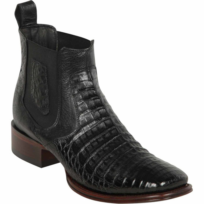 Men’s Los Altos Black Caiman Belly Short Boots with Wide Square Toe, Exotic Western Ankle Boots