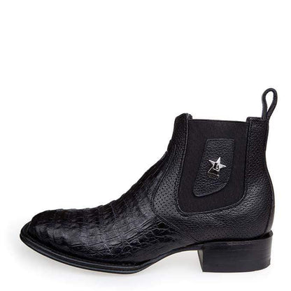 Men’s Los Altos Black Caiman Belly Short Boots with Wide Square Toe, Exotic Western Ankle Boots