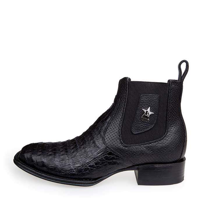 Men’s Los Altos Black Caiman Belly Short Boots with Wide Square Toe, Exotic Western Ankle Boots
