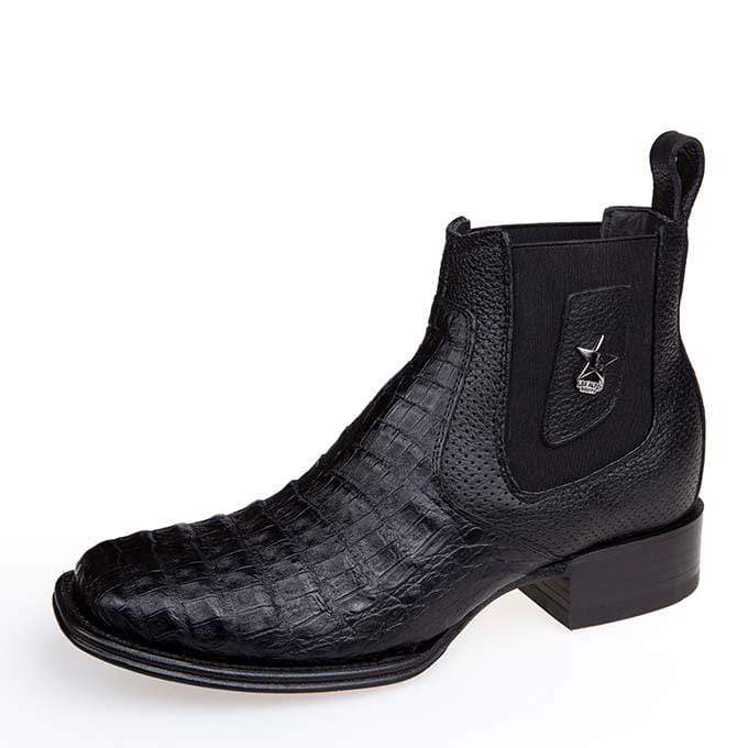 Men’s Los Altos Black Caiman Belly Short Boots with Wide Square Toe, Exotic Western Ankle Boots