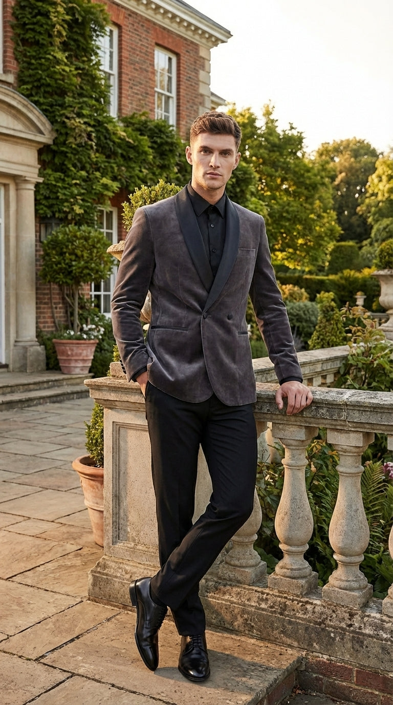 Mens Charcoal Gray Velvet Tuxedo Suit – Luxury Formal Wedding Suit with Black Shawl Lapel for Prom, Party Black Pants