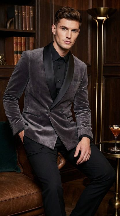 Mens Charcoal Gray Velvet Tuxedo Suit – Luxury Formal Wedding Suit with Black Shawl Lapel for Prom, Party Black Pants
