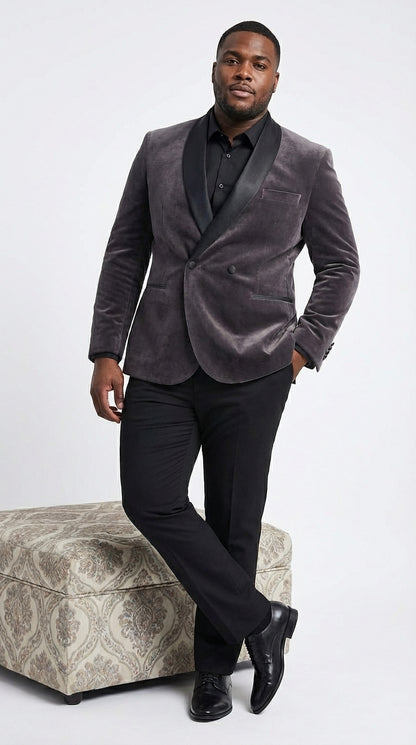 Mens Charcoal Gray Velvet Tuxedo Suit – Luxury Formal Wedding Suit with Black Shawl Lapel for Prom, Party Black Pants