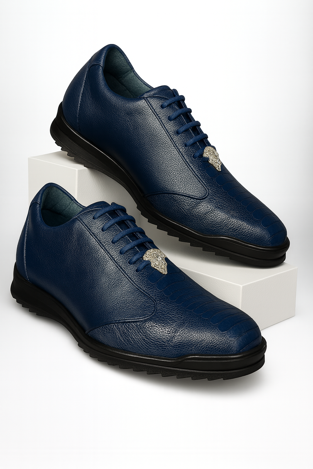 Los Altos Navy Blue Ostrich Leg Lace Up Sneakers 6   - from alligatorwarehouse.com