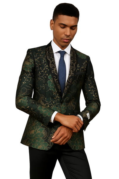 Men's Stacy Adam's Designer Prom & Wedding Tuxedo Jacket In Green & Gold Floral Paisley 4   - from alligatorwarehouse.com