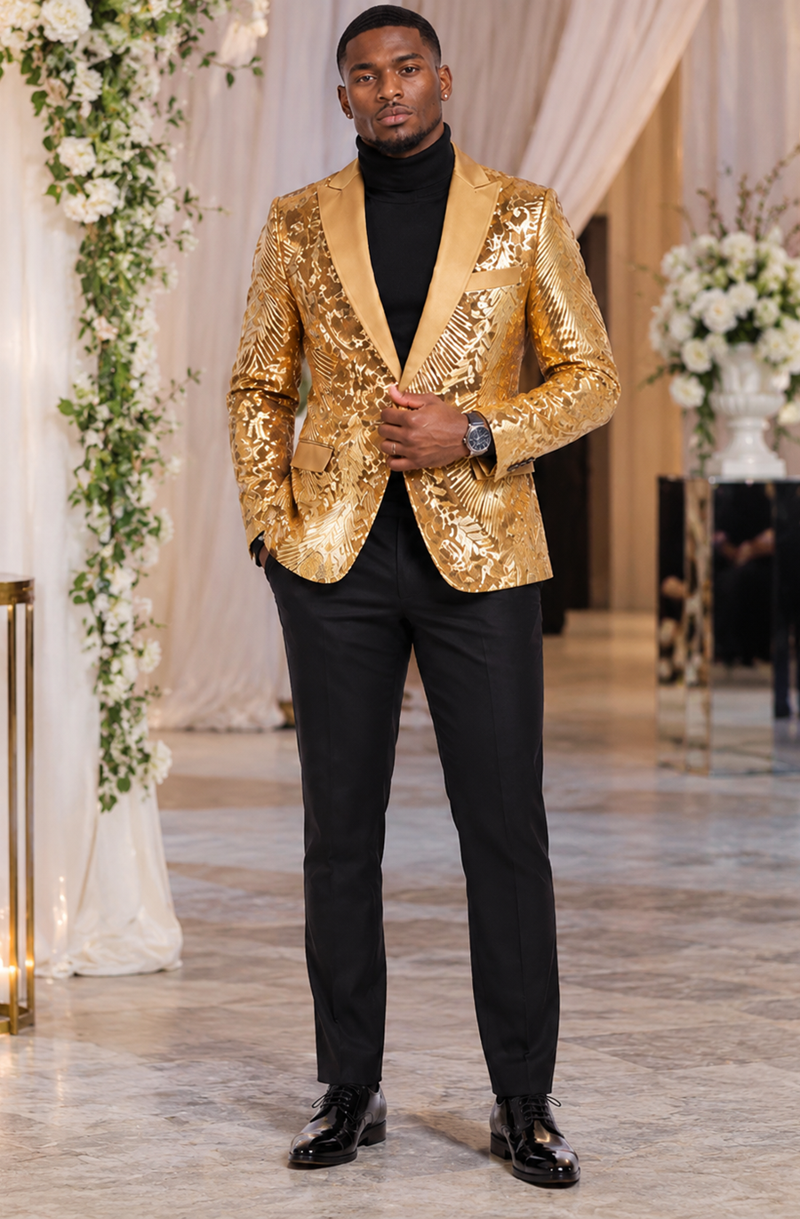 Mens Sequin Christmas Holiday Blazer – Luxury Party Jacket for New Year Jacket Sparkly Dinner Jacket in color "Gold"