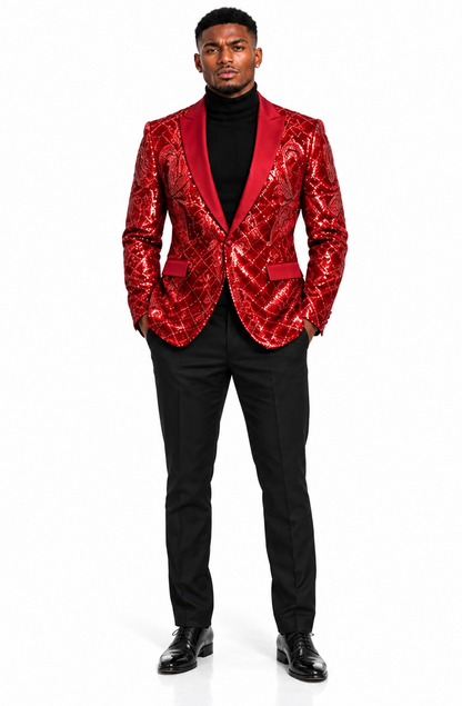 Mens Sequin Christmas Holiday Blazer – Luxury Party Jacket for New Year Jacket Sparkly Dinner Jacket in color "Crimson Red"