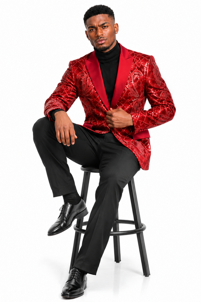 Mens Sequin Christmas Holiday Blazer – Luxury Party Jacket for New Year Jacket Sparkly Dinner Jacket in color "Crimson Red"