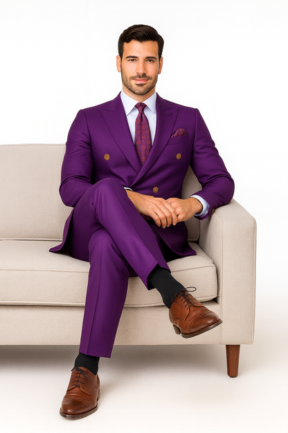 Mens Designer Modern Fit Double Breasted Wool Suit with Gold Buttons in Purple
