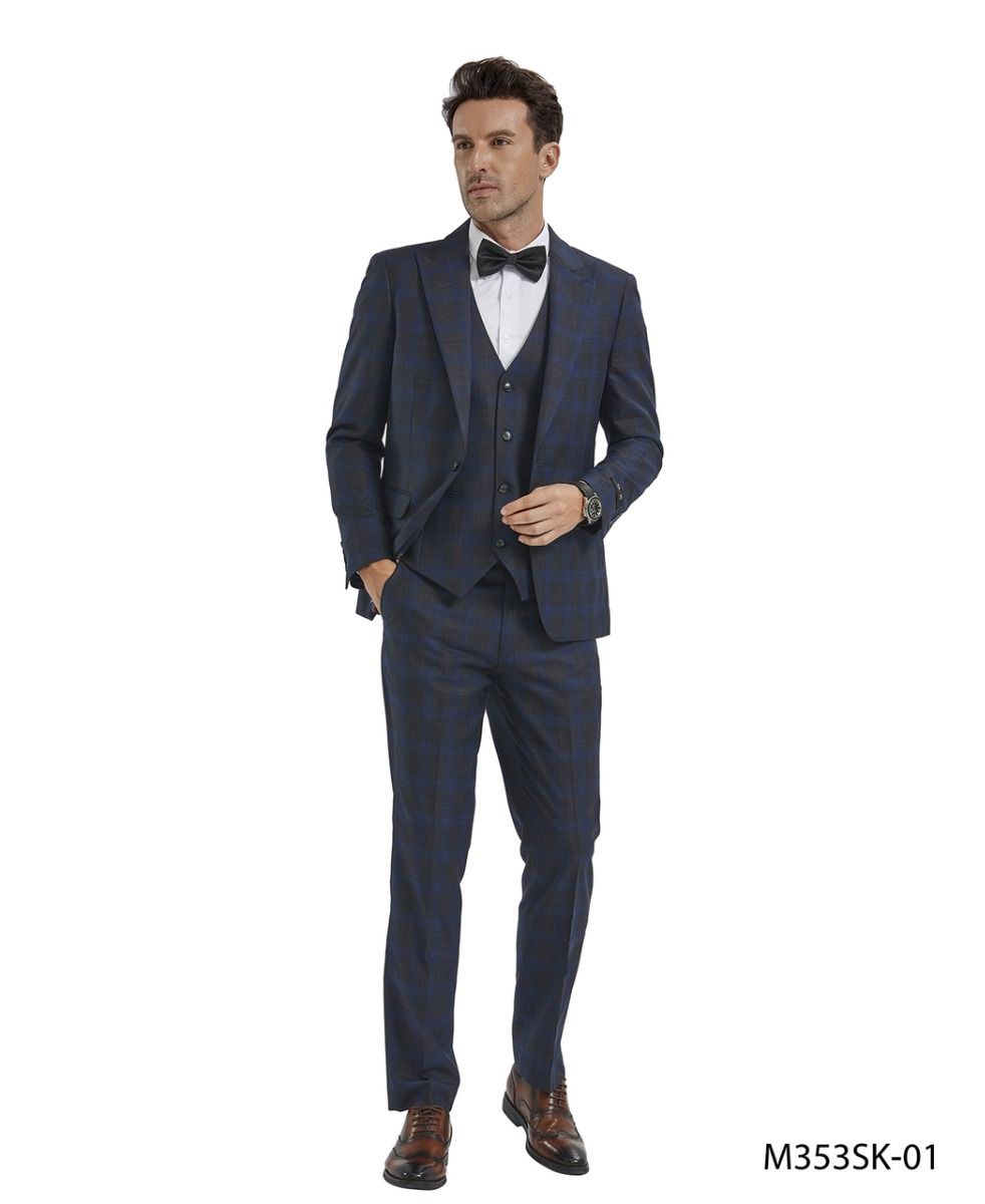 Tazio Men's Fit 3 Piece Plaid Suit Bold Patterned Look