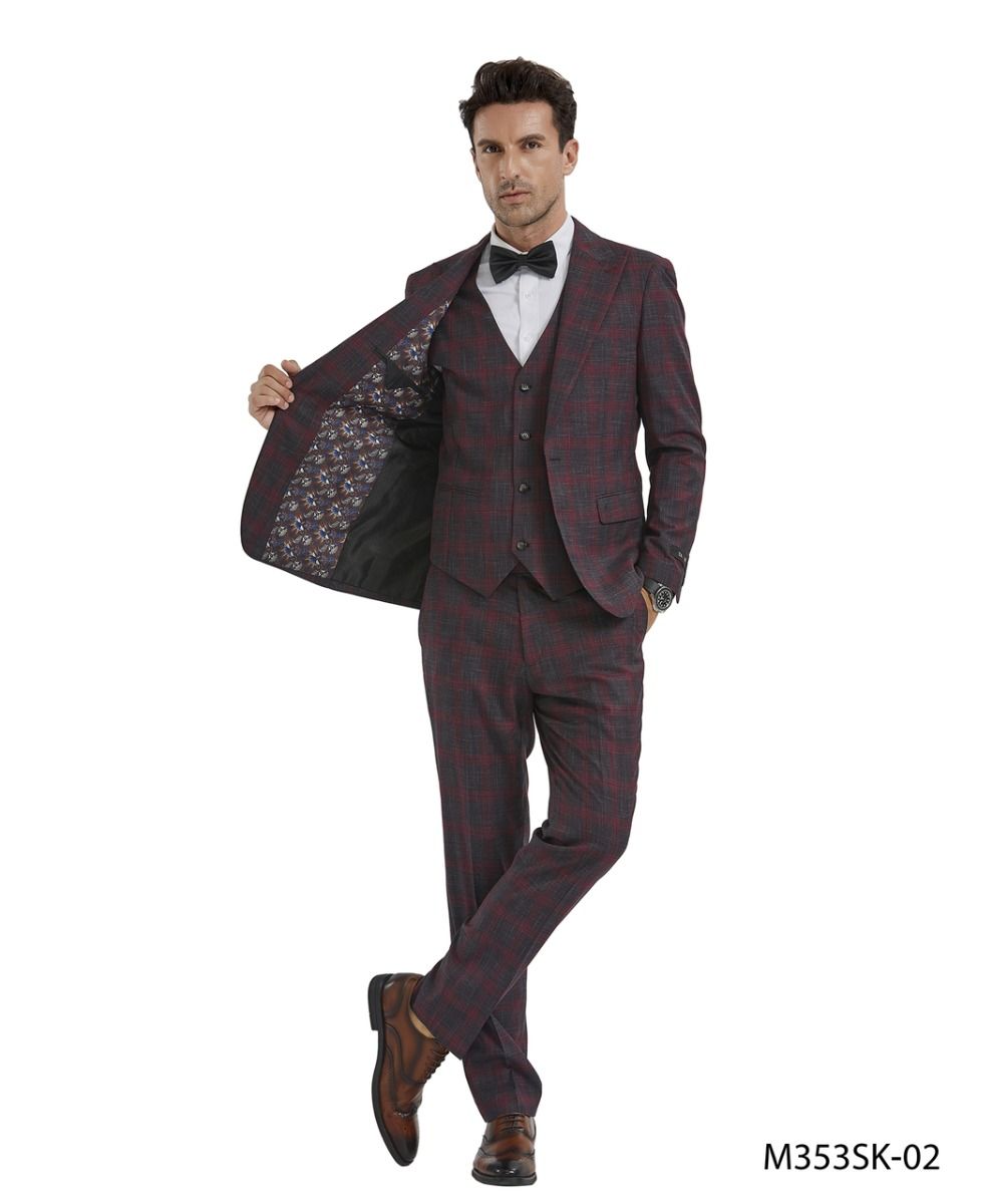 Tazio Men's Fit 3 Piece Plaid Suit Bold Patterned Look