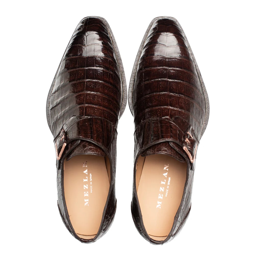 Mens Mezlan Prague Double Monk Strap Caiman Crocodile Dress Shoe in Cognac