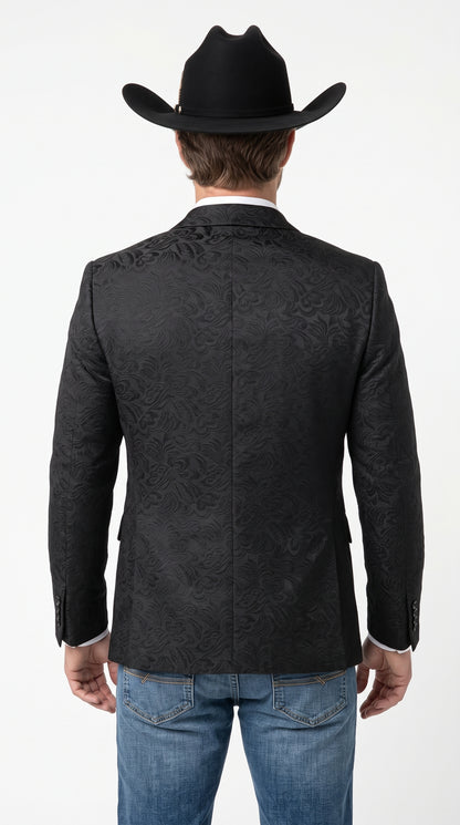 Men’s Black Paisley Jacquard Blazer – Satin Shawl Lapel Western Formal Designer Dinner Jacket