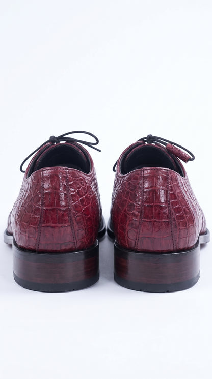 Los Altos Men’s Burgundy Caiman Belly Exotic Leather Shoes – Bicycle Toe Lace-Up Dress Shoes